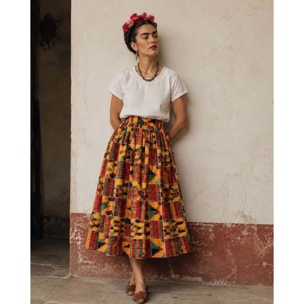 African Kente Print Full Midi Skirt 36” Waist Colorful Geometric High Waist
